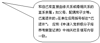 圆角矩形标注: 和自己有直接血缘关系或婚姻关系的直系亲属，如父母、配偶和子女等。已离退休的，在单位后用括号标注“已退休”。 应和《申请入党积极分子培养考察登记表》中相关栏目填写内容一致。